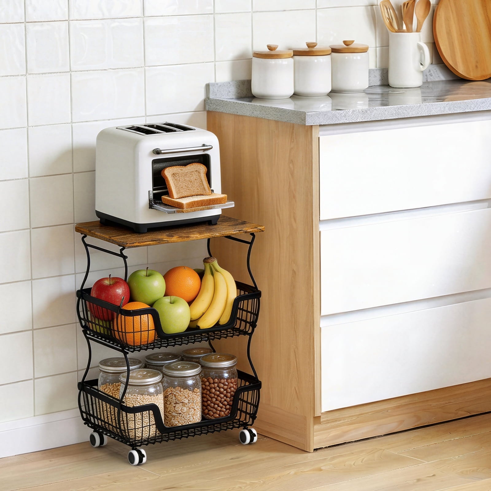 HaiCube 4-Tier Metal Wire Rolling Cart with Wheels, Stackable Storage Organizer Cart with Top Shelf for Pantry, Kitchen Fruit Snack Book Storage Rack