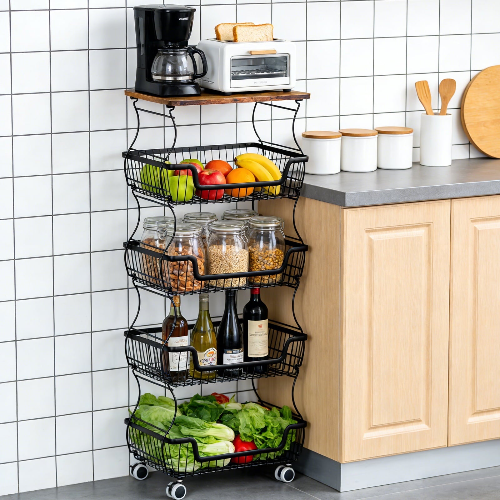 HaiCube 4-Tier Metal Wire Rolling Cart with Wheels, Stackable Storage Organizer Cart with Top Shelf for Pantry, Kitchen Fruit Snack Book Storage Rack