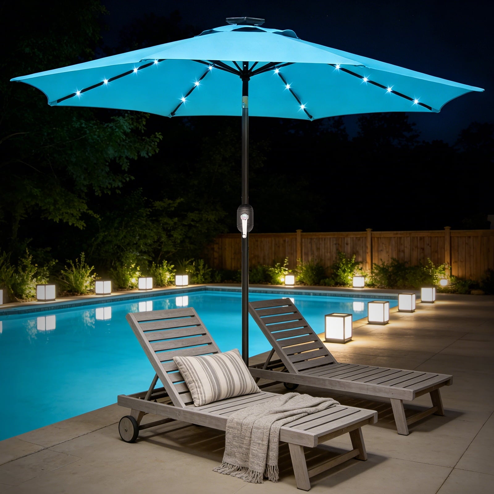 HaiCube 9FT Solar Patio Umbrella with LED Lights, Outdoor Market Umbrella with Solar Panel, 8 Heavy-Duty Ribs, for Patio, Deck, Garden,Dark Blue