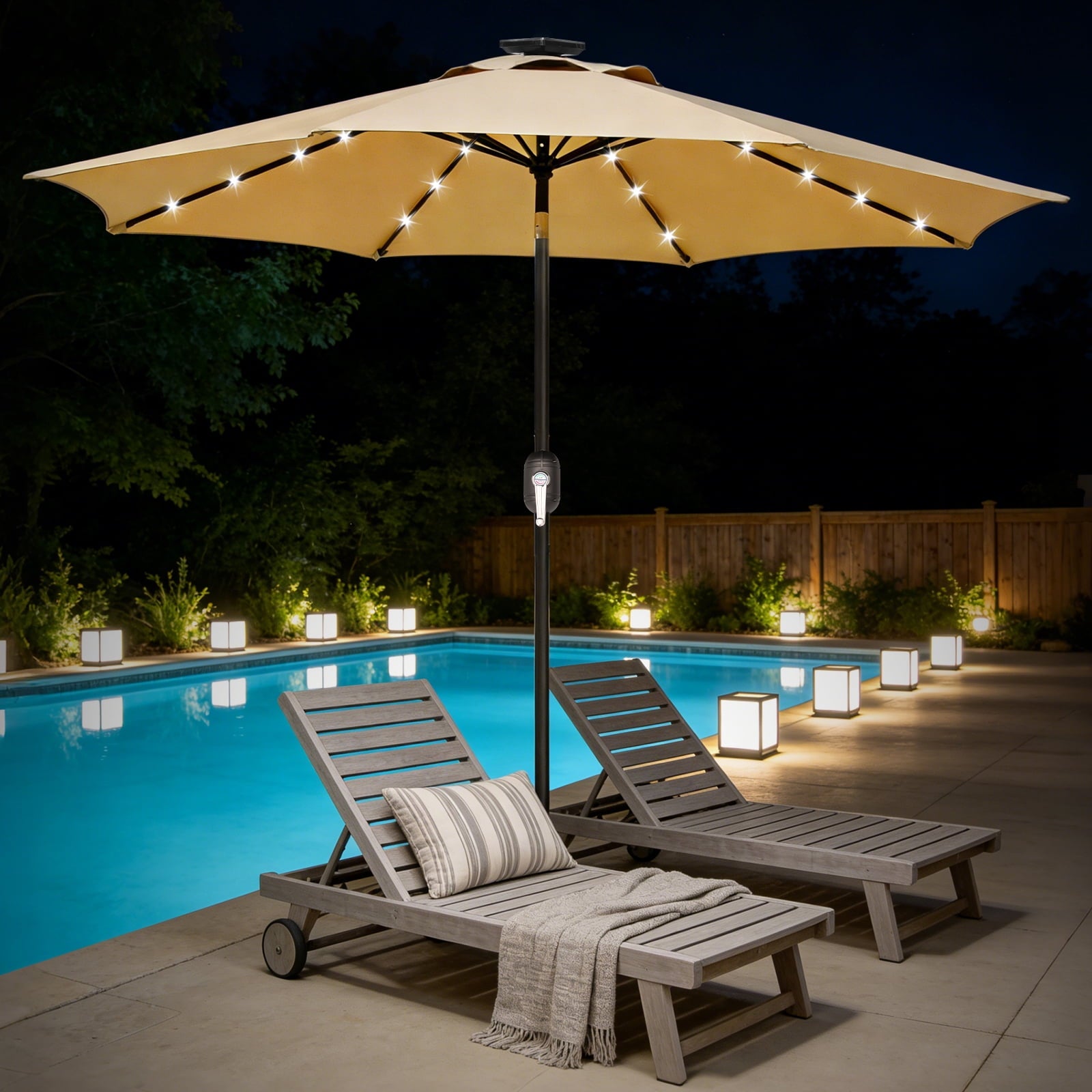 HaiCube 9FT Solar Patio Umbrella with LED Lights, Outdoor Market Umbrella with Solar Panel, 8 Heavy-Duty Ribs, for Patio, Deck, Garden,Dark Blue