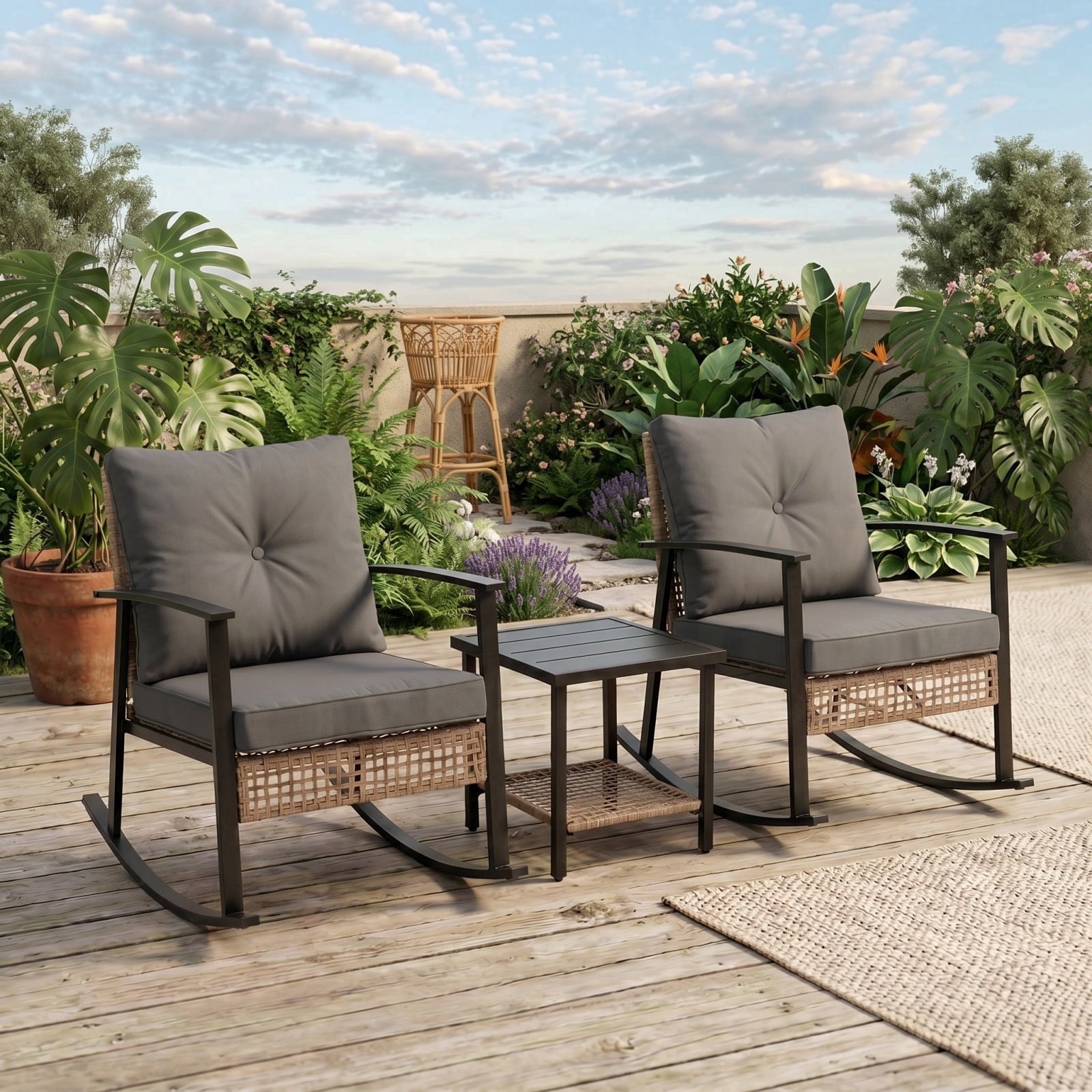 HaiCube 3 Pieces Wicker Rocking Chairs Set with 2-Tier Coffee Table, Patio Conversation Furniture Set with Cushions for Balcony, Porch, Garden, Backyard, Poolside, Beige