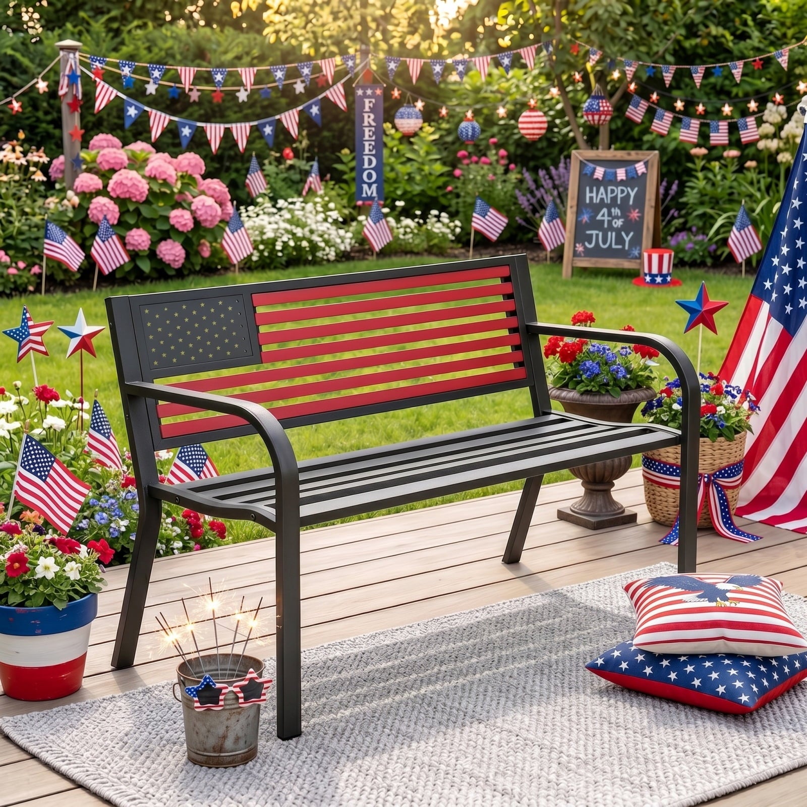 HaiCube Outdoor Bench with American Flag Backrest, Sturdy Cast Iron & Steel Frame, All-Weather Garden Patio Seating for Porch Deck Lawn Park, Black